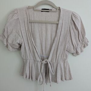 PrettyLittleThing Light Beige Tie-Front Puff Sleeve Top